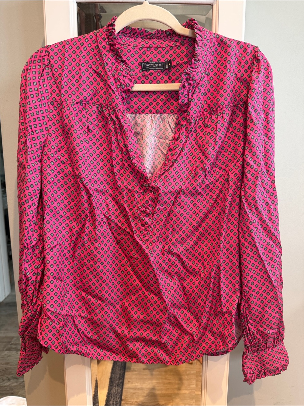Vineyard Vines Pink Geometric Ruffle V-Neck Blouse